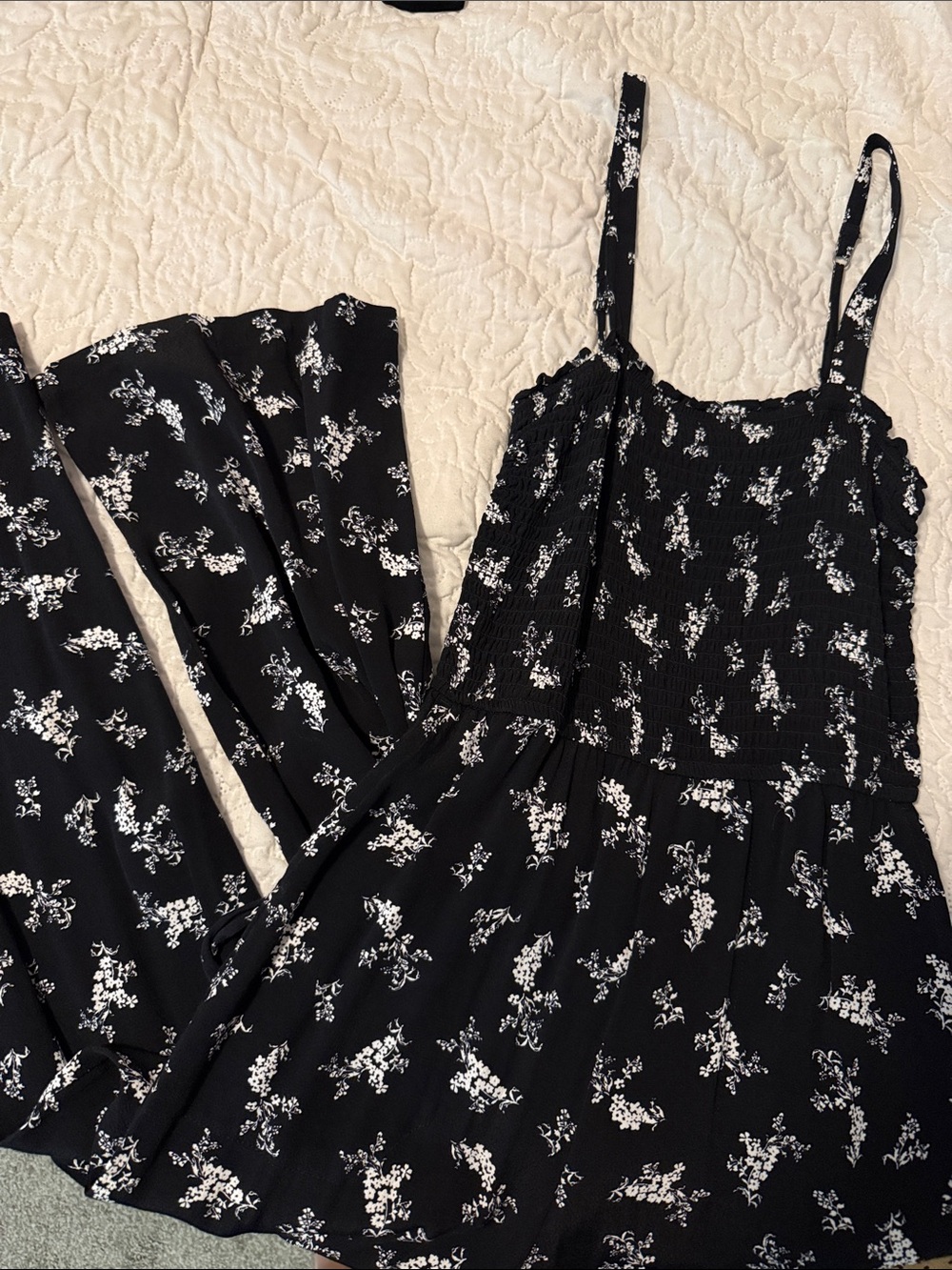 Abercrombie & Fitch Black Floral Smocked Jumpsuit with Spaghetti Straps